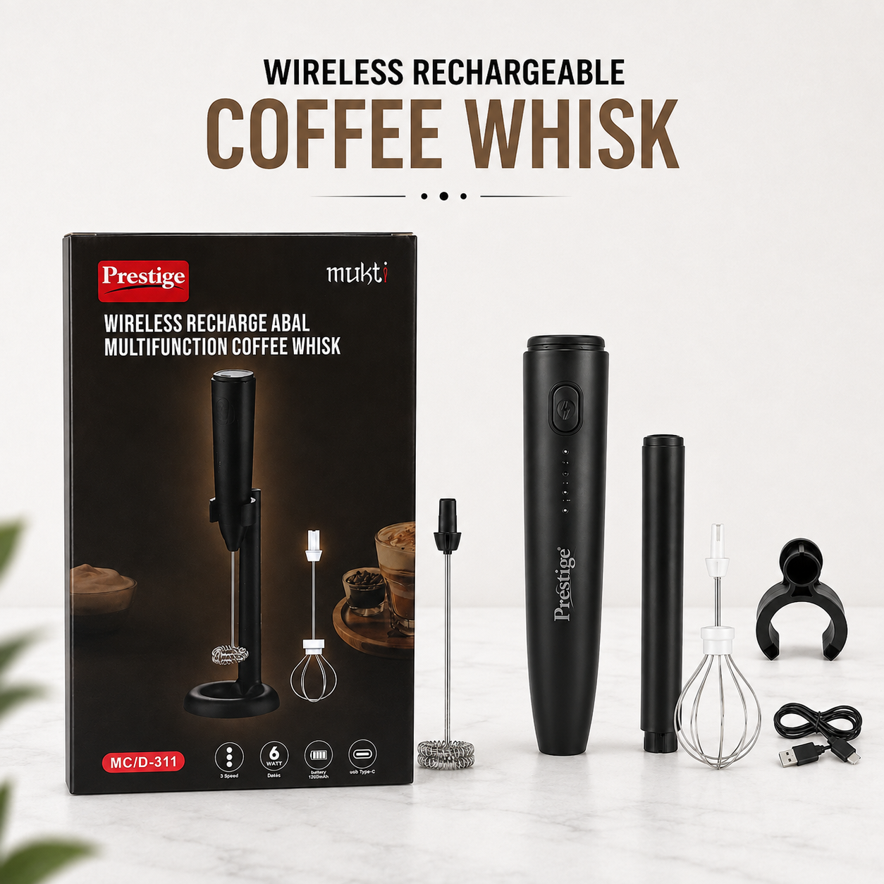 6a988edfb7c5d1788382943.png Prestige Mukt 2-in-1 Rechargeable Coffee Foamer & Milk Frother – 3-Speed Wireless - Image 1