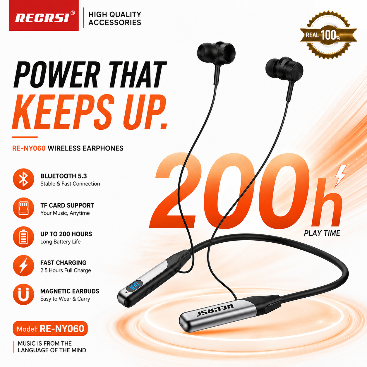 6abad802884f21790629890.png RE-NY060 Recrsi Wireless Neckband Bluetooth Earphone – Bluetooth 5.3 Headset with 200H Standby, 500mAh Battery, LED Display, TF Card Slot & Type-C Fast Charging - Image 1