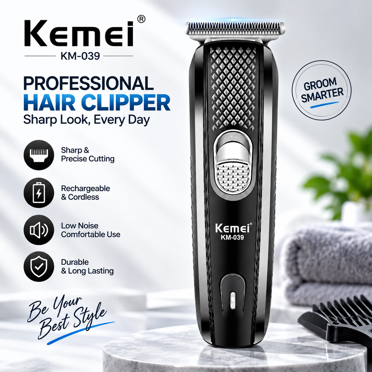 6aac5b75cba3b1789680501 Kemei KM-039 Professional Hair Clipper & Beard Trimmer – Cordless USB Rechargeable Grooming Kit with Stainless Steel Blades, 130-Min Run Time & 3 Guide Combs - Image 1