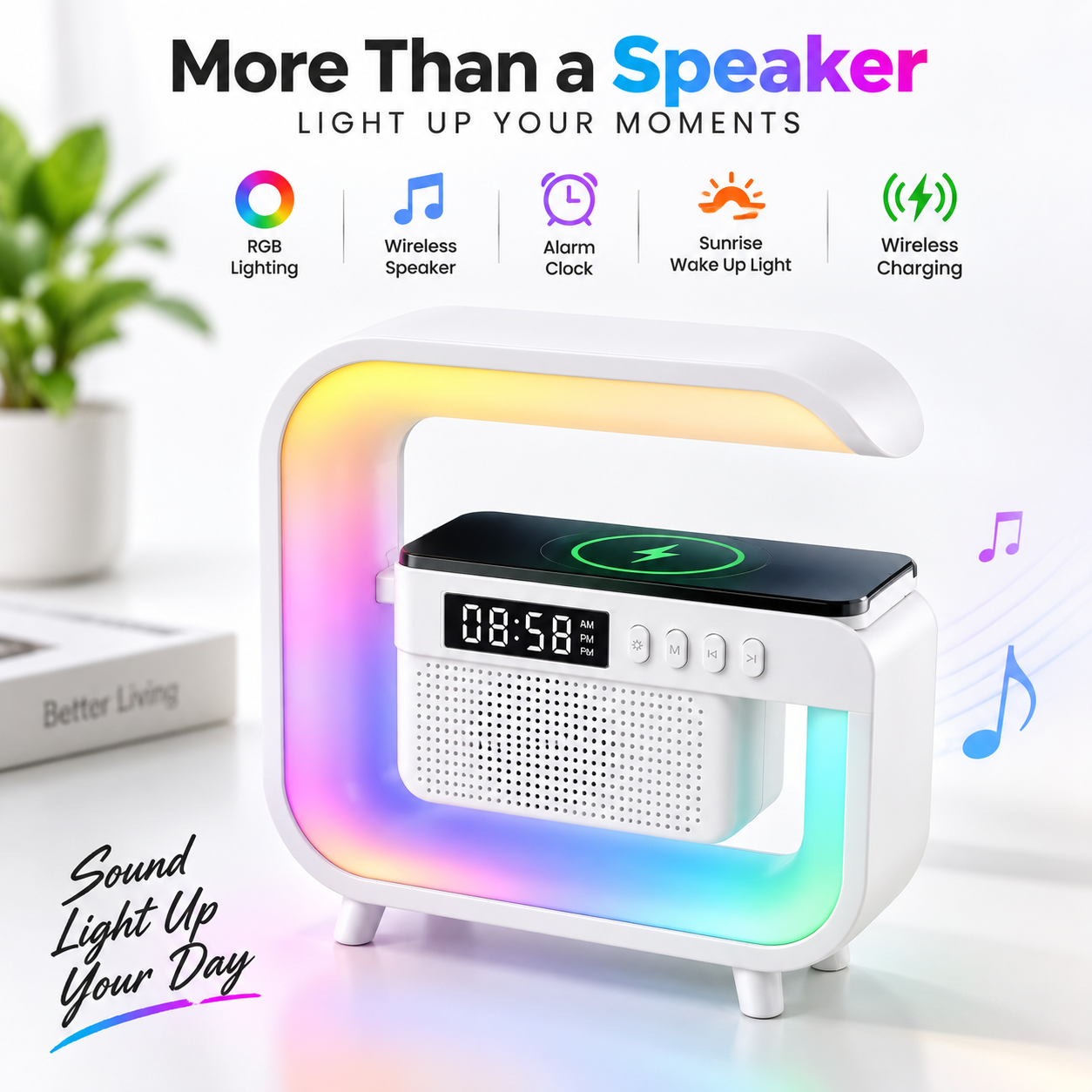 6ab44408066201790198792.png G3 Mini Smart Light Bluetooth Speaker – Multifunctional RGB Night Light with Wireless Charger, Digital Alarm Clock, Sunrise Simulation & Natural Sleep Sound Machine - Image 1