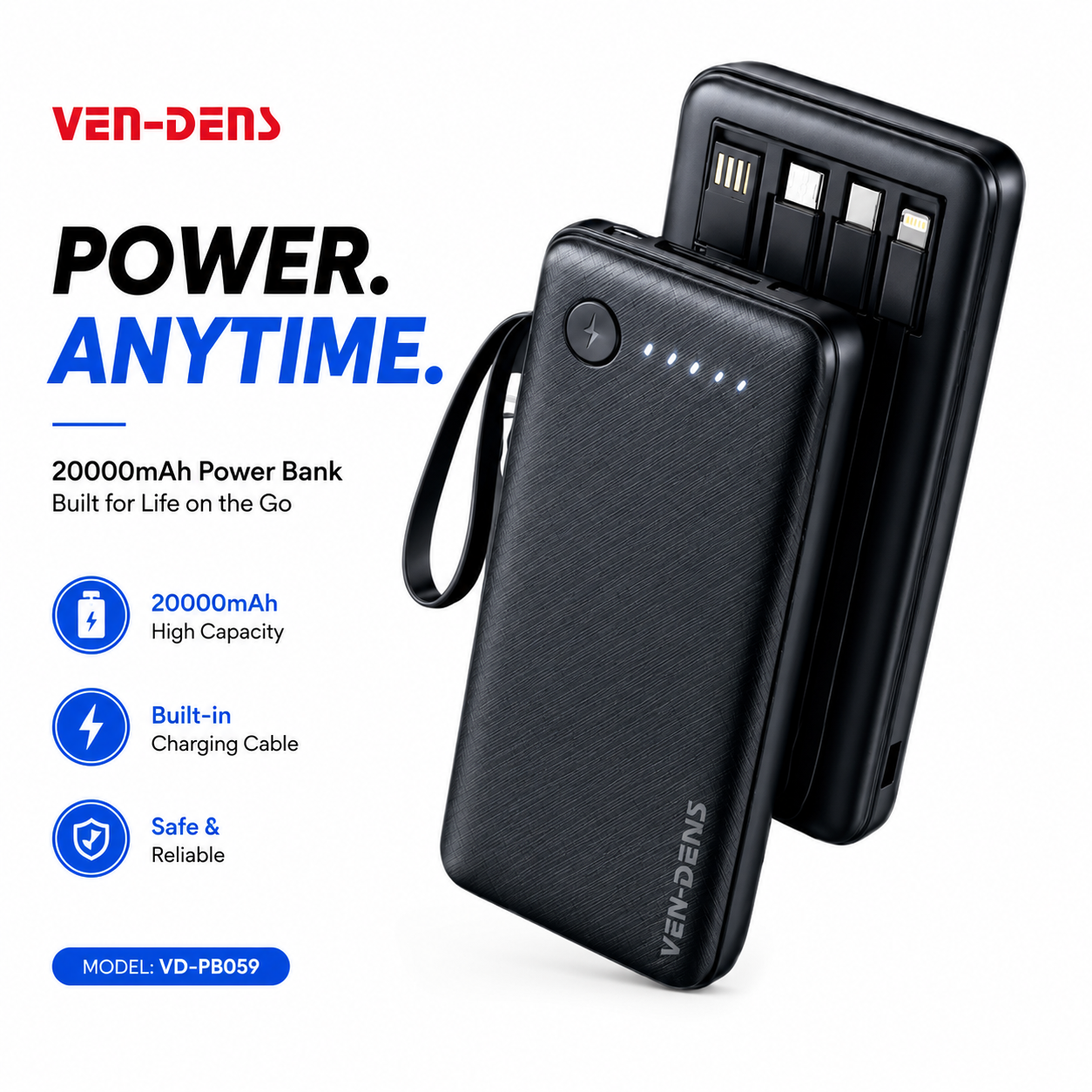 6ab4e7baba8f21790240698.png VEN-DENS VD-PB059 20000mAh Power Bank – Portable Charger with Built-in Type-C, Micro & Lightning Cables, LED Indicator & Flight-Friendly Design - Image 1