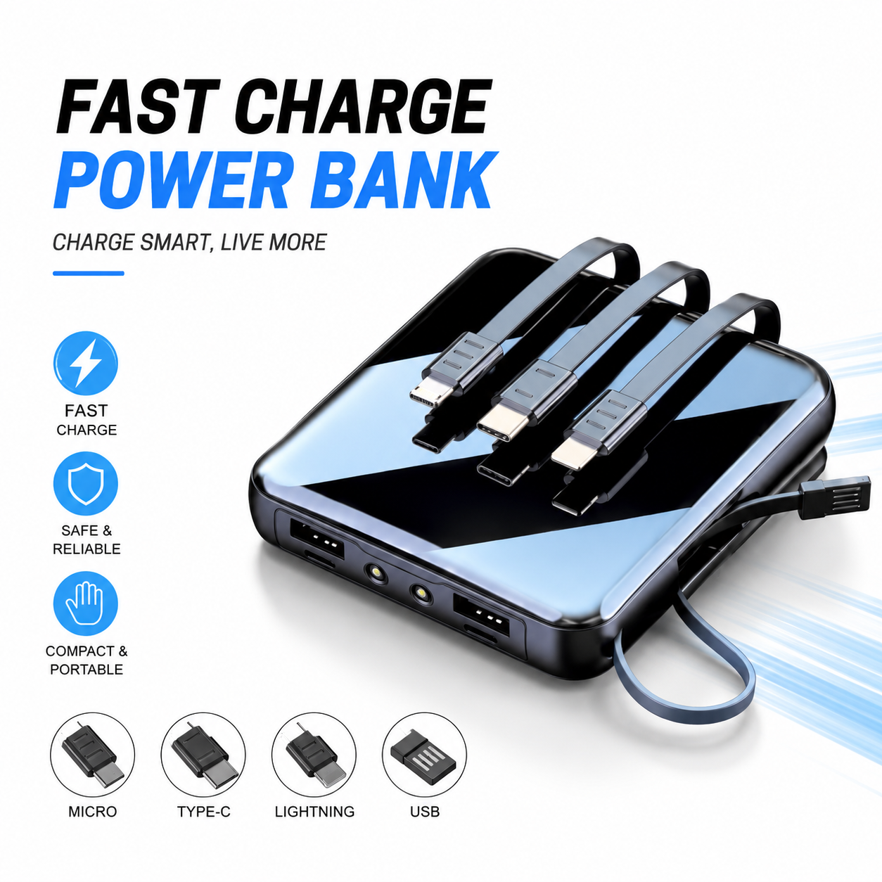 6ab5978c363391790285708.png Smart 10000mAh Fast Charging Power Bank – Portable TWS & Phone Charger with Built-in Micro, Type-C, Lightning & USB Cables - Image 1