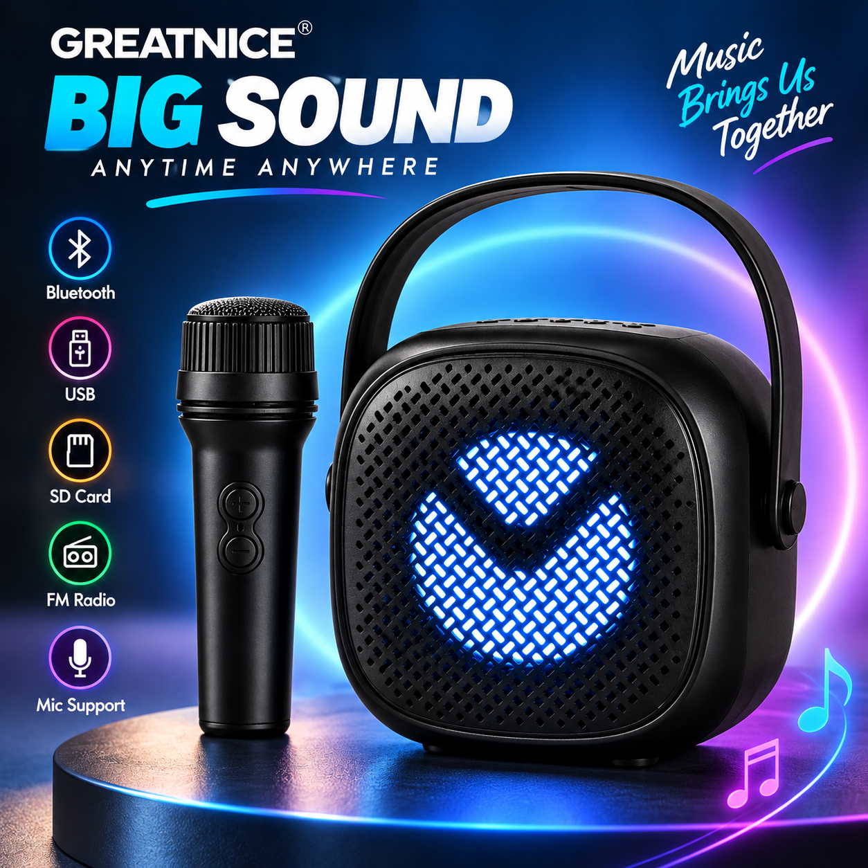 6ad49cda600371792318682.png GREATNICE Portable Wireless Bluetooth Speaker with Mic – 3-Inch Big Sound Speaker, USB, SD Card, FM Radio & Karaoke Support with Stylish Lighting - Image 1